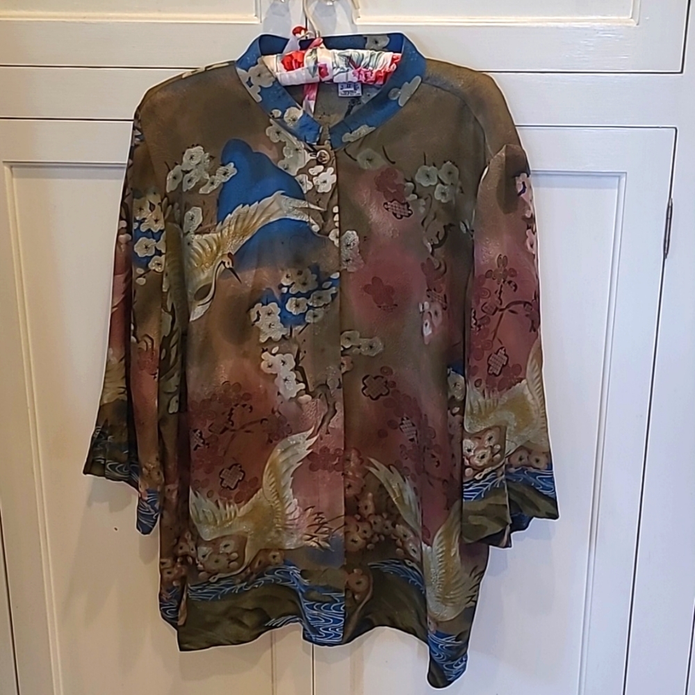 Beautiful embossed silk Citron kimono jacket with cranes